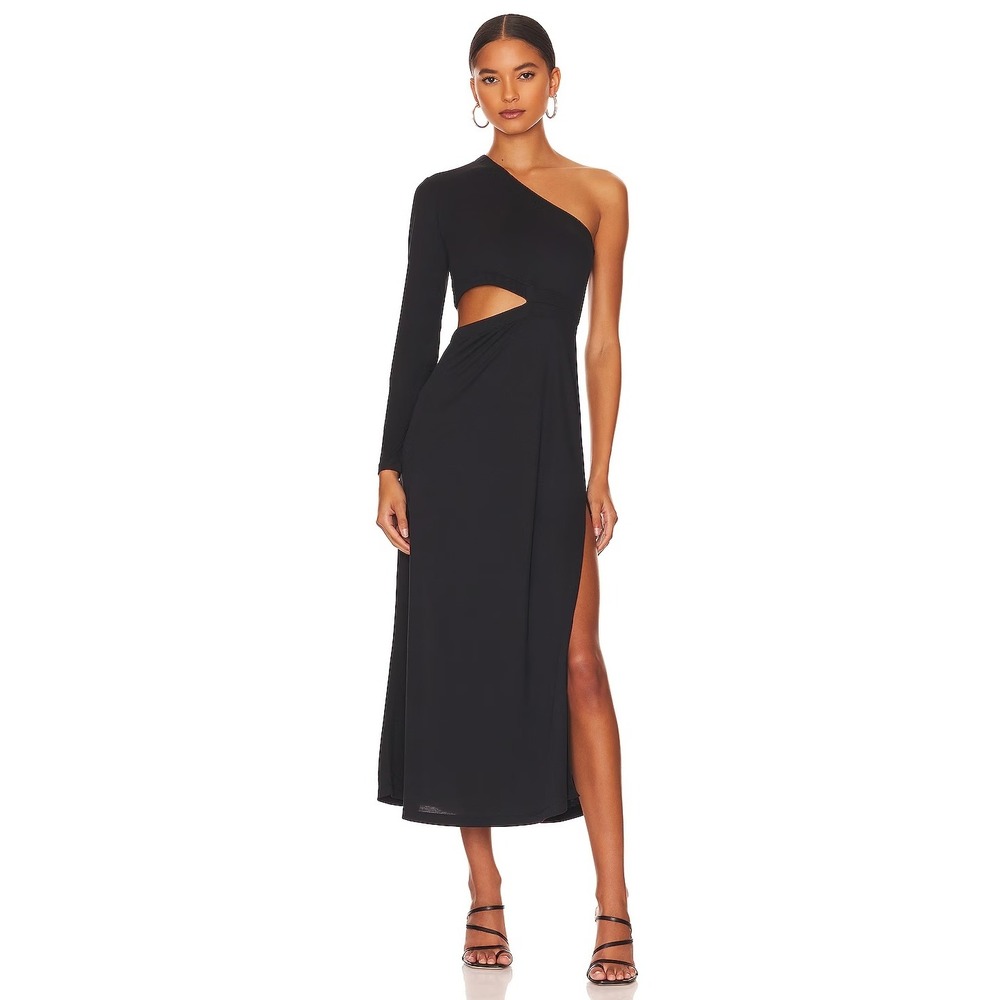 AllSaints Mary Maxi Dress Women 8 Black Asymmetric Cutout One Sleeve LBD Evening